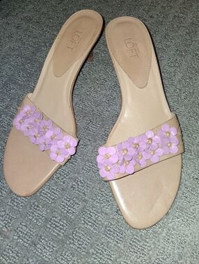 L NEW LOFT Pink Floral LEATHER Slide Sandals w Heels Nude Base Lady's 10
